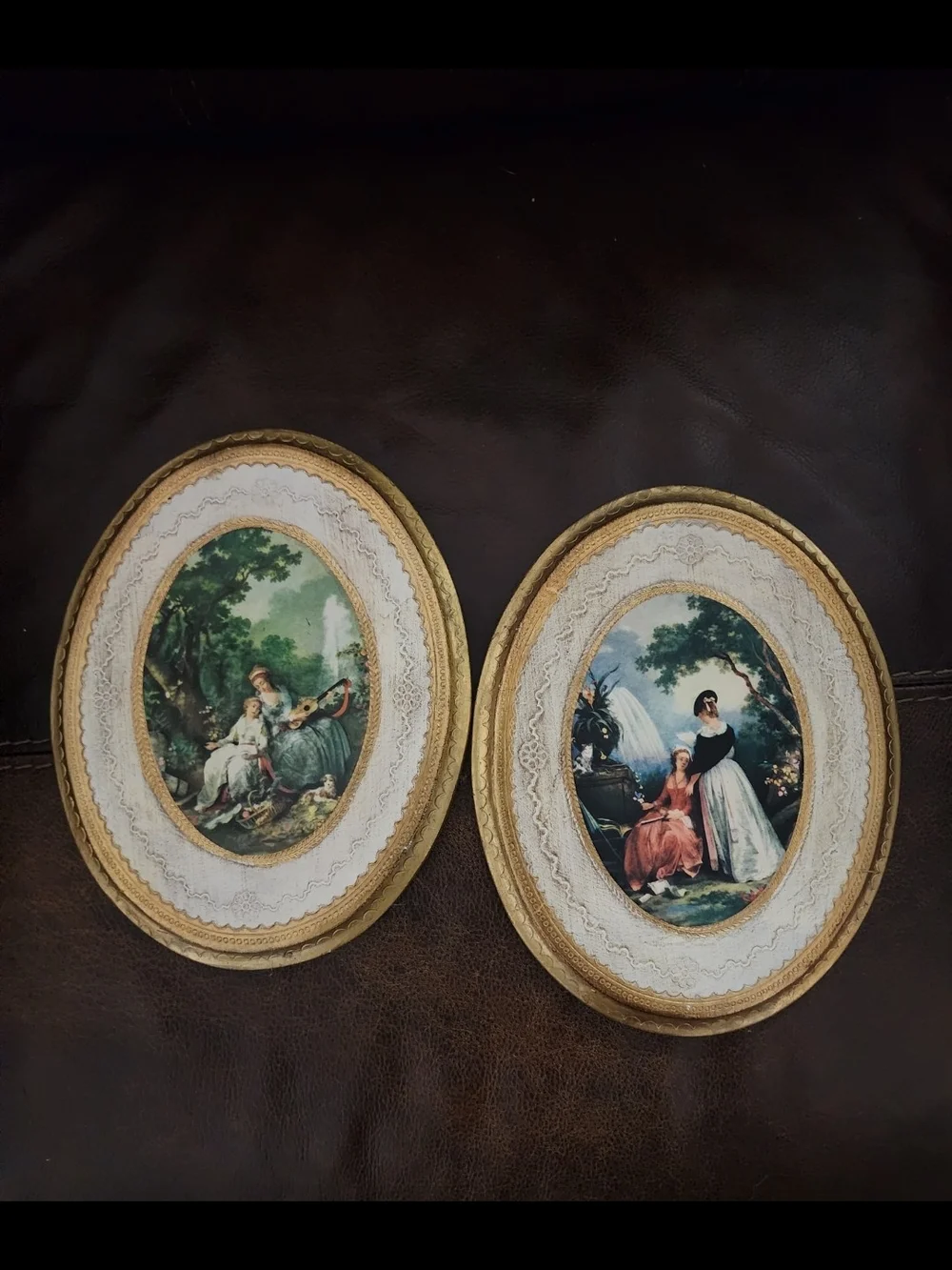 Vintage Pair Oval Framed Romantic Prints in Gold